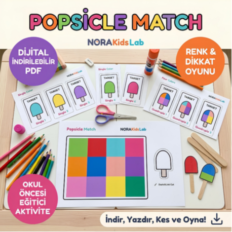 Nora Popsicle Match Eğitici Renk & Şekil Eşleştirme Seti (PDF Dijital Baskı)