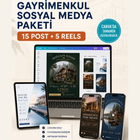 Gayrimenkul Pro 20 | Canva Sosyal Medya Paketi – 15 Premium Post + 5 Reels