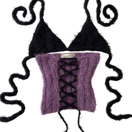 fluffy lace-up corset & bra set (S-M)