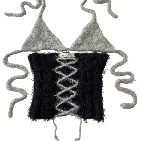 fluffy lace-up corset & bra set (S-M)