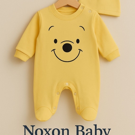 Ayıcık Yüz Desenli Sarı Bebek Tulum ve Şapka Seti – Noxon Baby