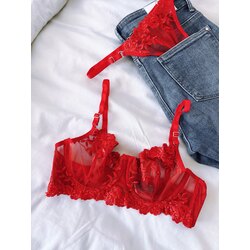 Kırmızı çiçek detaylı bra set 