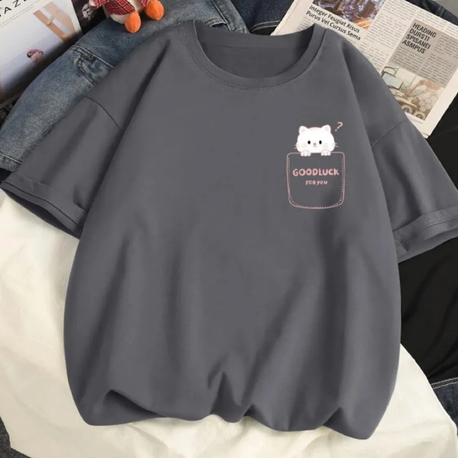 Kadın kedi baskılı bisiklet yaka t-shirt