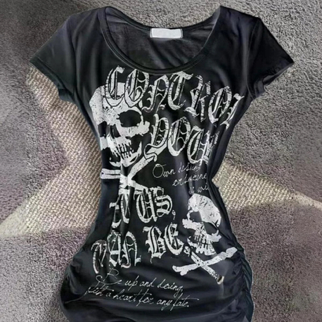 Siyah gothic Skulss Control geniş yaka Y2K kısa kollu crop