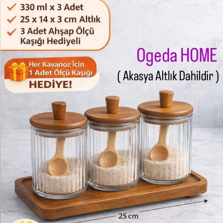 Mien Ahşap Kapaklı Cam Baharat Seti 3’lü (330 ml) - Altlık ve Kaşıklı 3'lü Baharat Seti