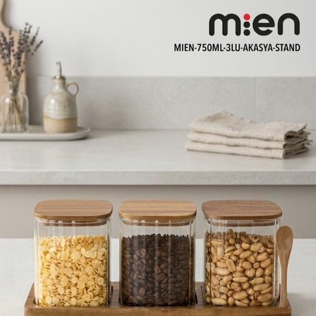 Mien 3’lü Akasya Kapaklı Çizgili Cam Baharatlık Seti 750 ml-Standlı Kaşıklı 