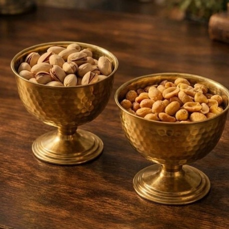 2'li Gold Metal Ayaklı Çerezlik & Lokumluk - Dövme Desenli Gold Sunum Kasesi 240ml