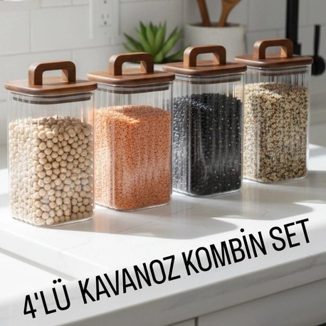 Mien 4’lü Cam Saklama Kavanoz Seti – 4'lü 1500 ml Kare, Akasya Kapaklı, Kulp Detaylı Set