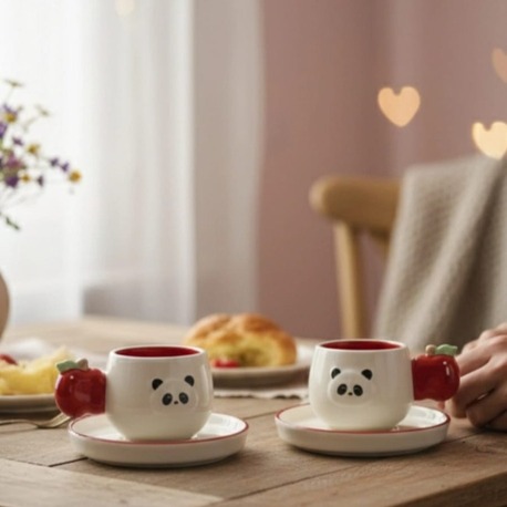 Kosova Panda Figürlü 2’li Fincan Seti–Elma Kulplu Seramik Kahve Fincanı–Hediye Fincan