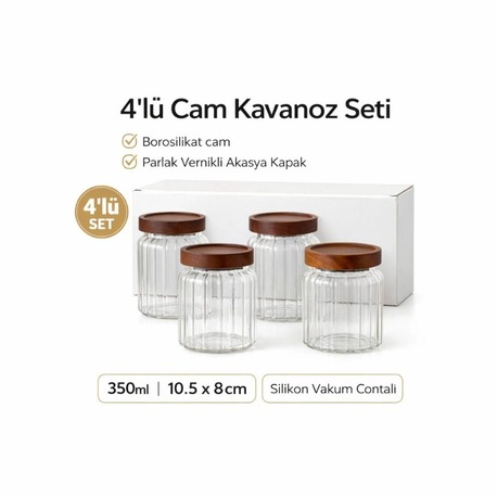 Mien 4’lü Cam Kavanoz Seti – 350 ml Akasya Kapaklı, Hava Geçirmez Yuvarlak Saklama Kavanozu