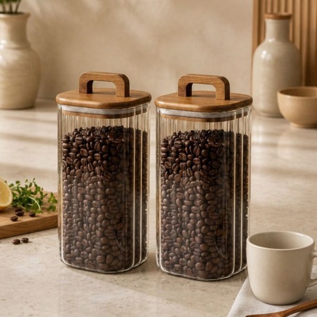2'li Akasya Kapaklı Cam Kavanoz 1100 ML–2'li Orta Boy Kahve, Bakliyat & Kuruyemiş Sakl