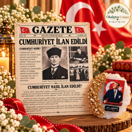 Cumhuriyet’in İlanı – Nostaljik Gazete Kartı ve Türk Bayraklı Atatürk Magneti
