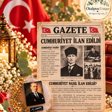 Cumhuriyet’in İlanı – Nostaljik Gazete Kartı ve Atatürk Magneti