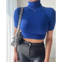 Saks Mavi Balıkçı Yaka Crop Triko Kazak