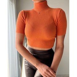 Oranj Renk Balıkçı Yaka Crop Triko Kazak