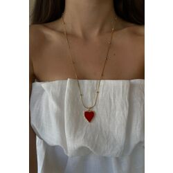 Çelik Kırmızı Mineli Kalp Kolye