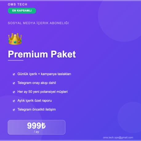 Günlük İçerik + Her Ay 50 Potansiyel Müşteri | Premium Paket 999₺/ay