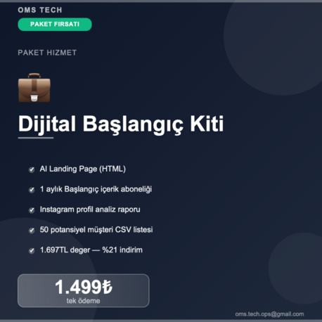 Dijital Başlangıç Kiti | Landing Page + 1 Ay İçerik + 50 Lead | 1.499₺