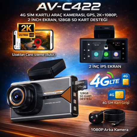 AVENİR AV-C422 4G Sim Kartlı 2K 2 Kameralı GPS'li Araç Kamerası