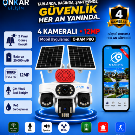 O-KAM OK337S Premium 12MP 4 Kameralı 4G Çift Solar Panel AOV Güvenlik Kamerası