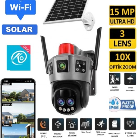 Okam 6021 9MP Wifi Solar Kablosuz Güneş Enerjili Güvenlik Kamerası 10X Optik Zoom 3 Lens