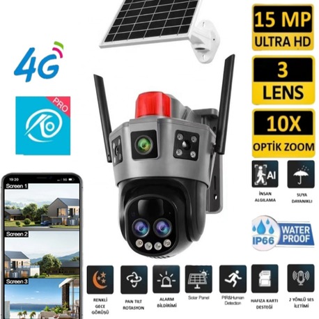 Okam Pro 6020 Solar Güneş Enerjili 4G Sim Kartlı 15MP 3 Lens 10X Optik Zoom Güvenlik Kamerası