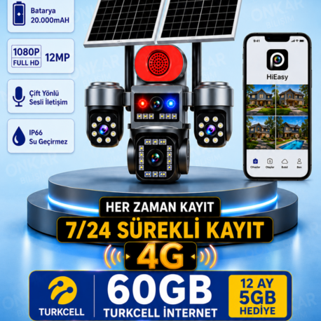 ONKAR BT-8 4 KAMERALI 60GB Turkcell 1 Yıl Data Hatlı Güneş Enerjili Güvenlik Kamerası HİEASY