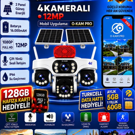 O-KAM 337S 4 Kameralı Tam Set 1 Yıl Turkcell Data + 128GB Hafıza Kartı