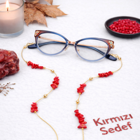 Sedef Kırmızı Doğal Taşlı Gözlük Zinciri