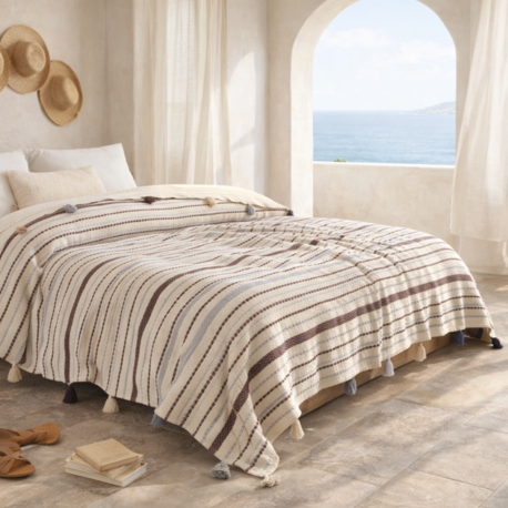 Pamuklu Çift Kişilik Pike ve Yatak Örtüsü - 220X240 cm Dokuma, Ponponlu - Vizon