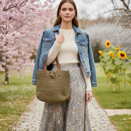 Haki Yeşil Deri Saplı Örgü Tote Çanta | Olive Green Crochet Tote Bag Leather Handles