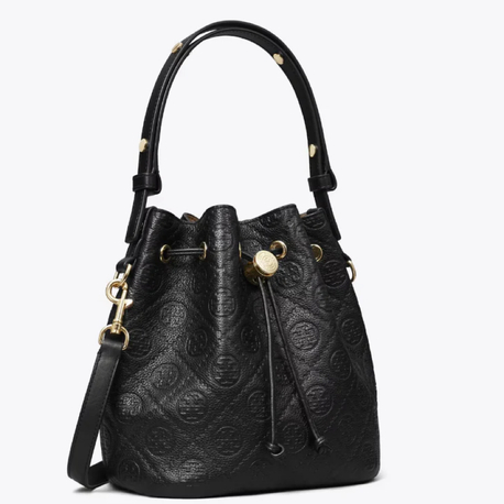 TORY BURCH T MONOGRAM PEBBLED BUCKET BAG-BLACK
