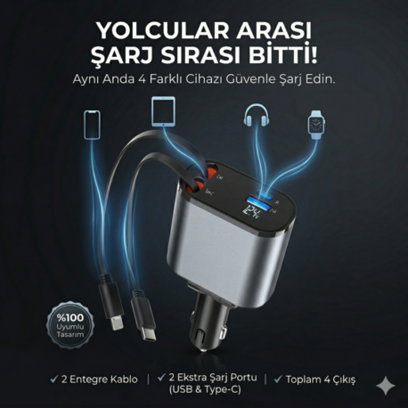 Tek Cihaz ile 4 Cihaz Şarj Edin - Hızlı Şarj - Makaralı Kablo Sistemi