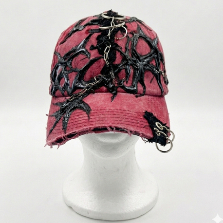 Red custom cap with chain detail.