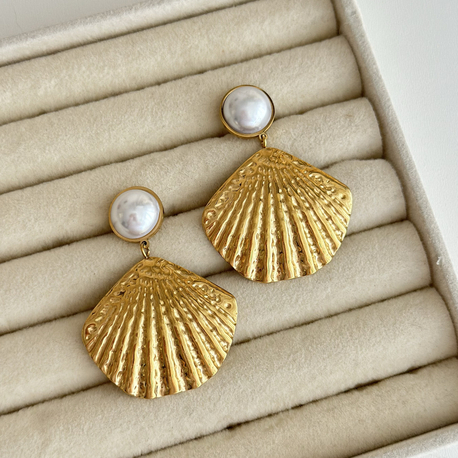 Shell Gold İnci Midye Küpe | Çelik