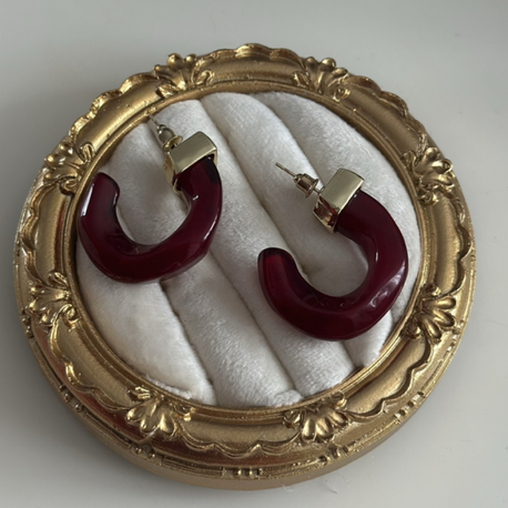 Bordo Gold Yarım Halka Küpe