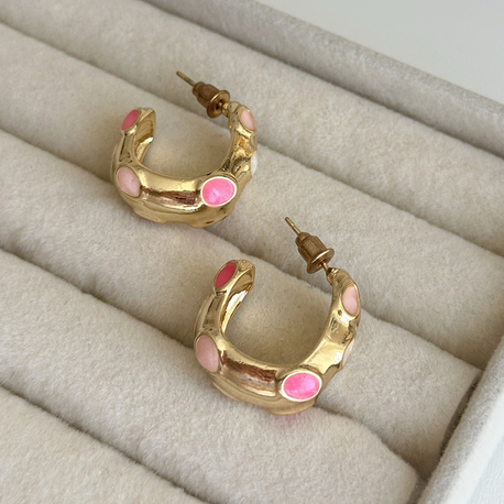 Pembe Mineli Gold Küpe 