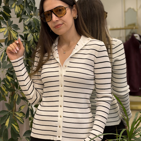 Çıtçıtlı Çizgili Ekru Hırka
