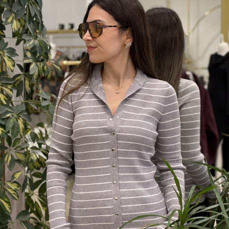 Çıtçıtlı Çizgili Gri Hırka