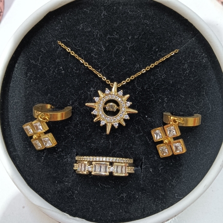çelik Gold renk takı seti (kolye, küpe yüzük)
