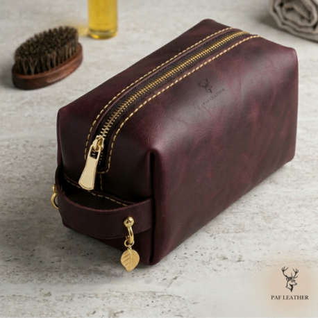 El Yapımı Hakiki Deri Bordo Fermuarlı Mini Çanta / Organizer