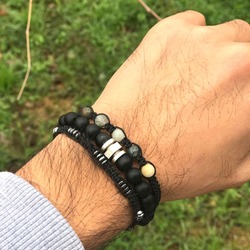 TOPTAN- Pafuli El Yapımı Doğal Akik & Hematit & Onix Taşı Erkek Bileklik Seti