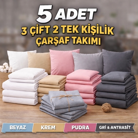 5 Adet ( 3 ÇİFT + 2 TEK ) ÇARŞAF TAKIMI 