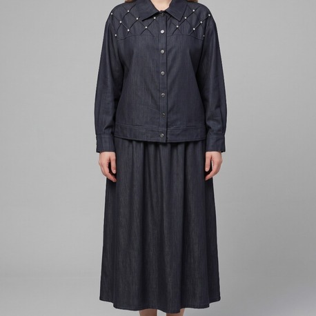 Taşlı Denim Ceket Etek Takımı - Siyah