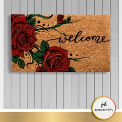 Paspashello Gül Çiçeği - Welcome PVC Taban Coco Kapı Önü  Paspas