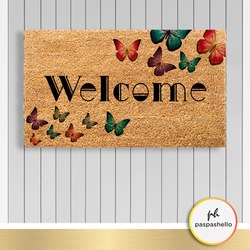 Paspashello Kelebekler - Welcome PVC Tabanlı Coco Kapı Önü Paspas