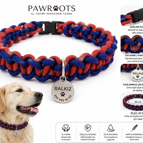 PawRoots El Yapımı Paracord Köpek Tasması + paslanmaz çelik isimlik
