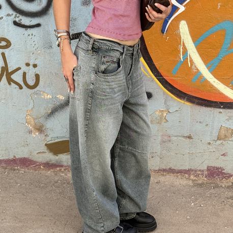 ARKASI KEMERLİ KİRLİ YEŞİL BAGGY JEAN