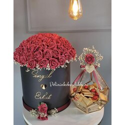 Büyük Boy Bordo Gül Kutusu & Çikolata