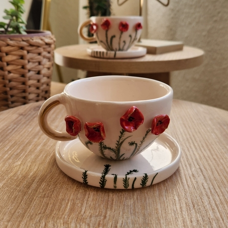  Gelincik Kahve Fincanı ve Alt Tabak